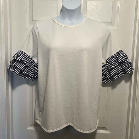 Pinkblush White Top with Blue Striped Ruffle Sleeves - Picture 1 of 2